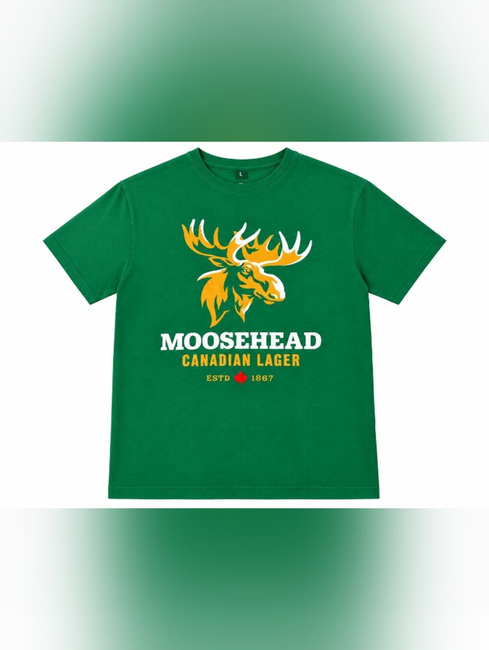 Mooeehead Canadian Lager Green Logo Tee. Medium.